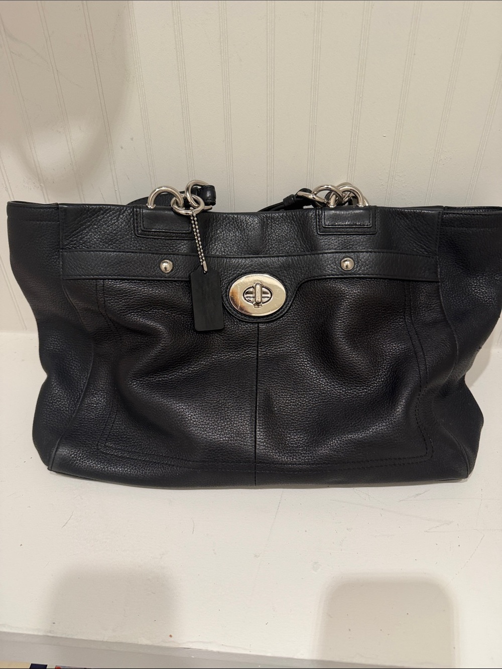 Coach Black Leather Tote with Silver Turnlock & Chain Straps